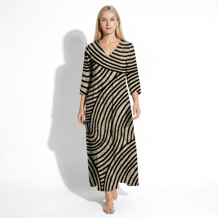 Women’s Maxi Dress with V-Neck Cut and Striped Pattern