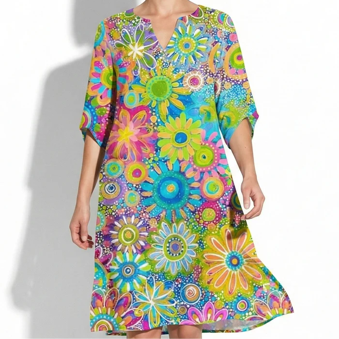 Women’s Mini Dress with V-Neck Cut and Multicolor Pattern