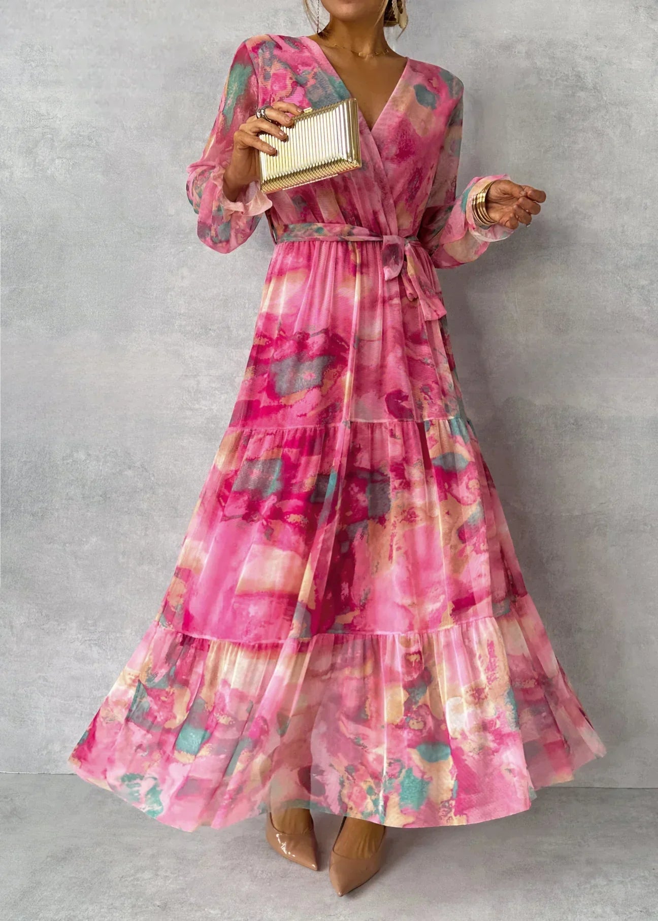 Women’s Printed Maxi Dress with Long Sleeves and Flowing Skirt