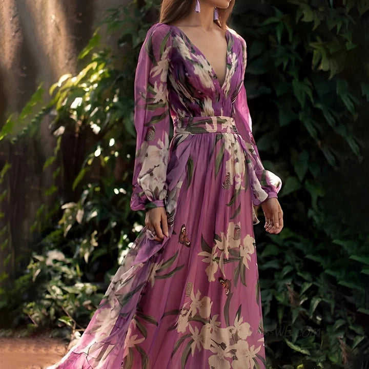 Women’s Sheer Long Sleeve Maxi Dress with Floral Pattern