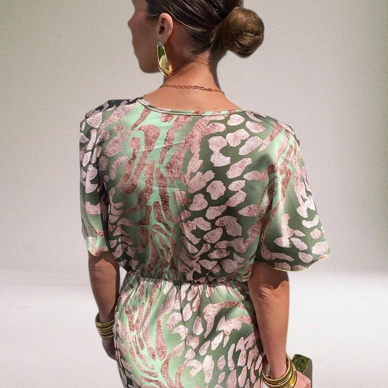 Women’s Short Sleeve Maxi Dress with All-Over Print and Draped Front