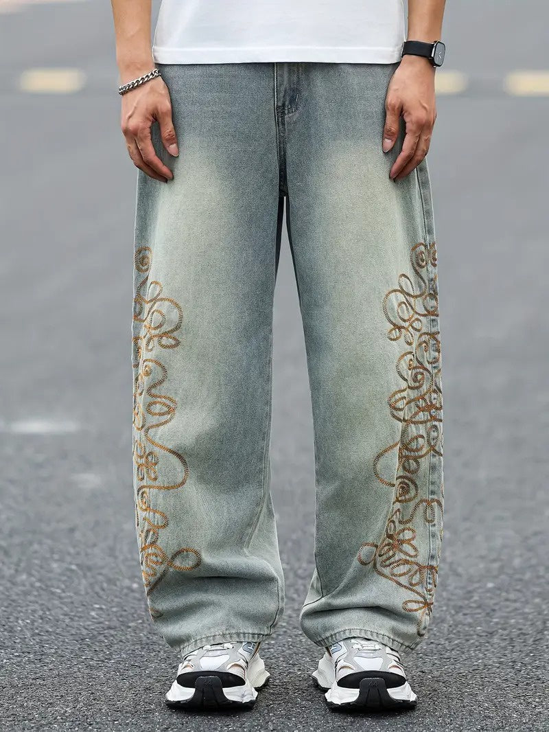 Men’s Wide-Leg Pants with Embroidery