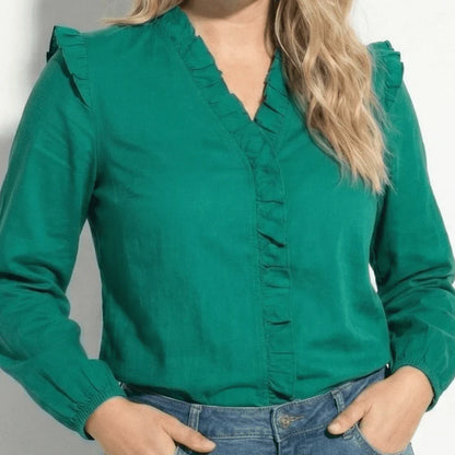 Women’s Long Sleeve Blouse with Ruffle V-Neck