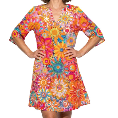 Women’s Mini Dress with V-Neck Cut and Multicolor Pattern