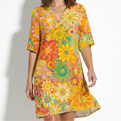 Women’s Mini Dress with V-Neck Cut and Multicolor Pattern