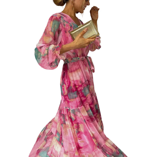 Women’s Printed Maxi Dress with Long Sleeves and Flowing Skirt