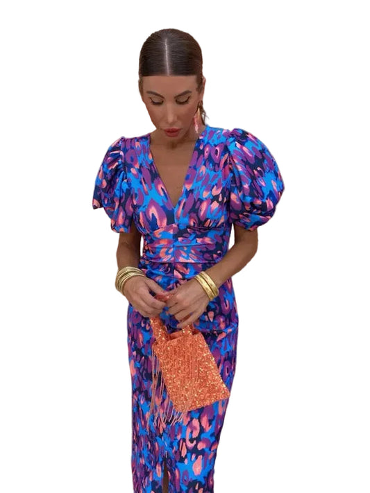 Women’s Printed Maxi Dress with Short Puff Sleeves and Fitted Waist
