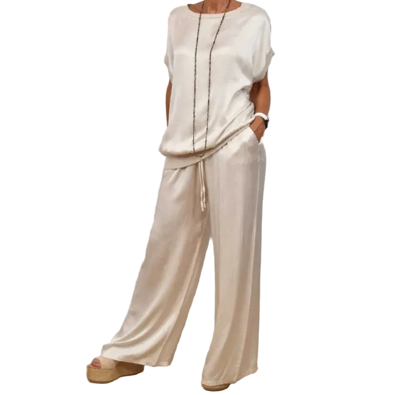 Women’s Short Sleeve Top and Full-Length Drawstring-Waist Pants Set