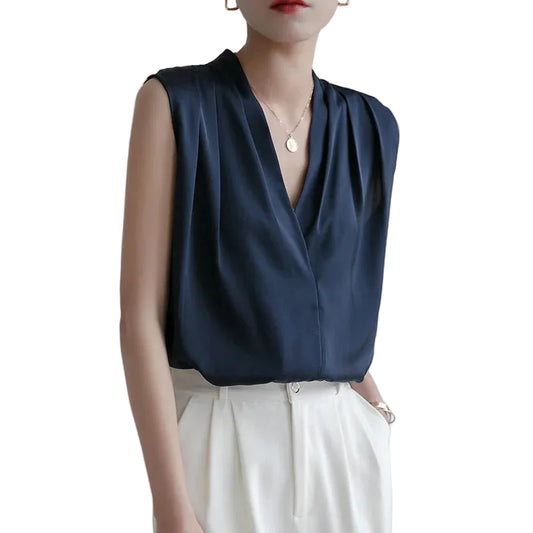 Women’s Sleeveless Blouse with V-Neck and Draped Front