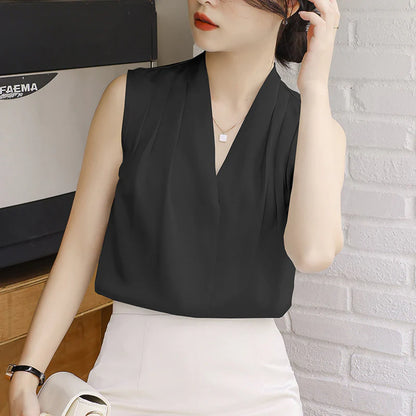 Women’s Sleeveless Blouse with V-Neck and Draped Front