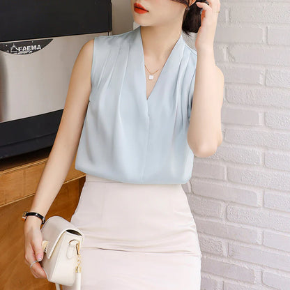 Women’s Sleeveless Blouse with V-Neck and Draped Front