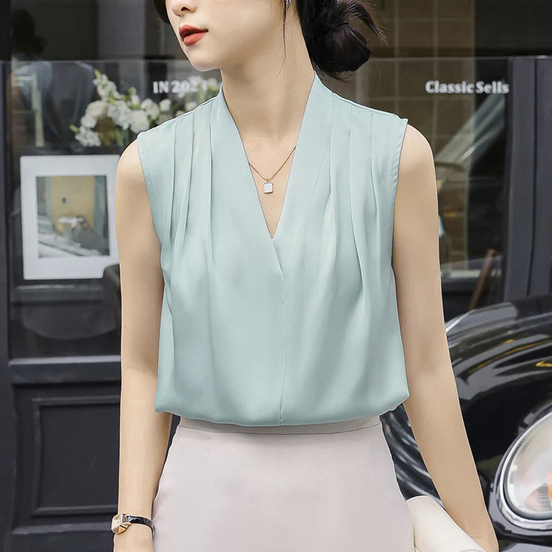 Women’s Sleeveless Blouse with V-Neck and Draped Front