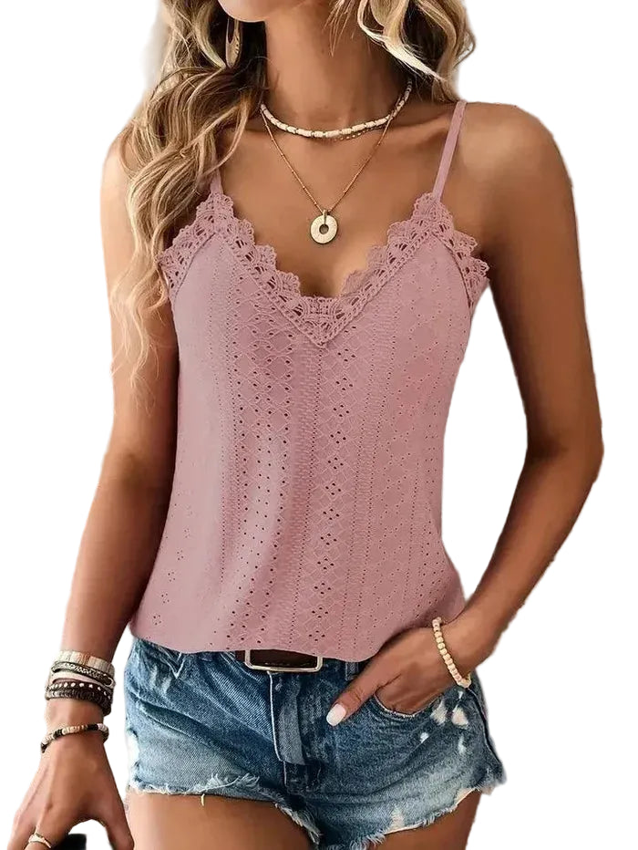 Women’s Sleeveless Cami Top with Lace Trim and V-Neck