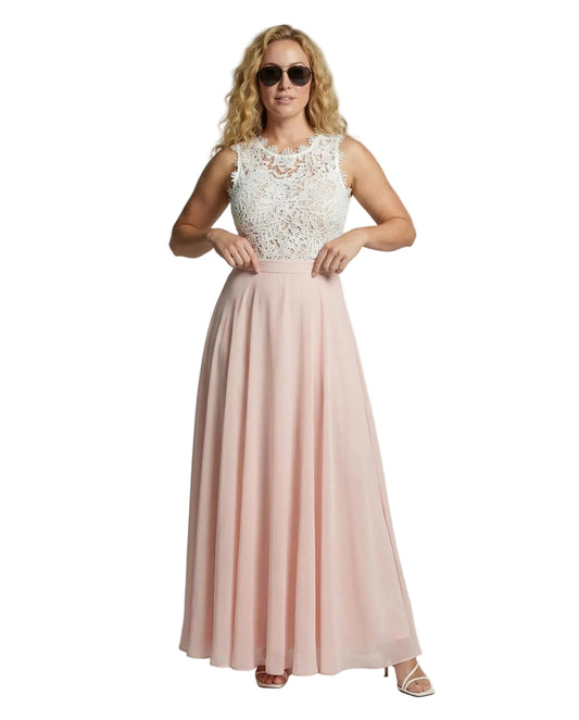 Women’s Sleeveless Maxi Dress with Floral Lace Upper and Flowy Silhouette