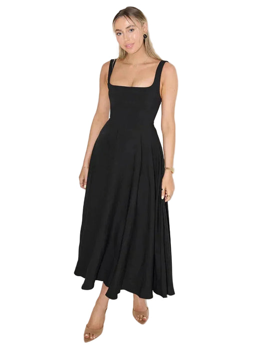 Women’s Sleeveless Midi Dress with Square Neck and Flared Skirt