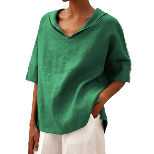 Women’s Three-Quarter Sleeve Blouse with Split V-Neck and Side Slit Hem