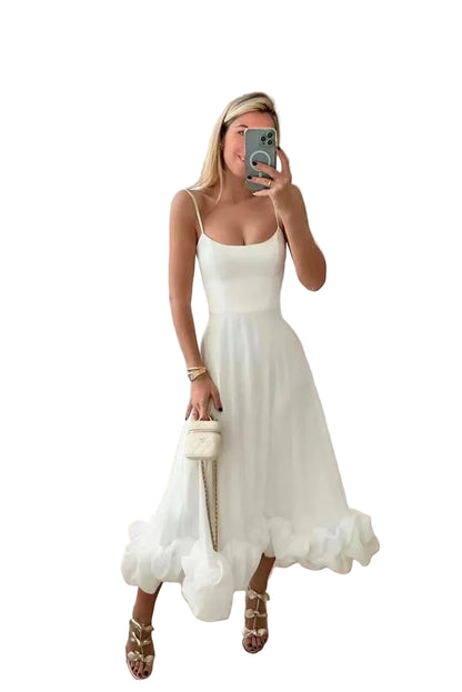 Women’s Adjustable Strap Midi Dress with Ruffled Hem