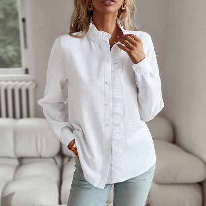 Women’s Button Up Blouse with Structured Ruffle Front