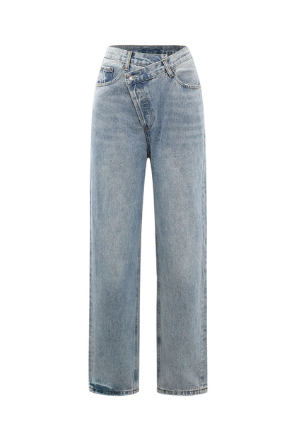 Women’s Denim Jeans with Offset Button Closure and Straight Fit