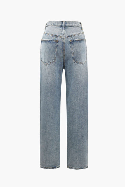 Women’s Denim Jeans with Offset Button Closure and Straight Fit