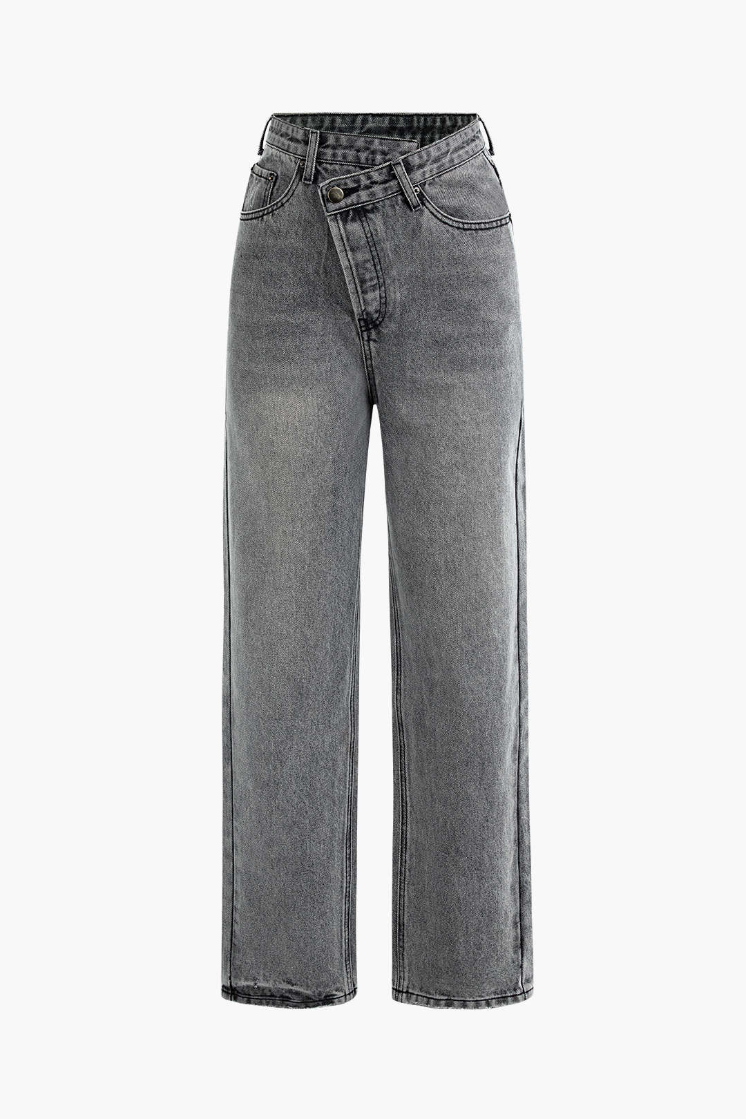Women’s Denim Jeans with Offset Button Closure and Straight Fit