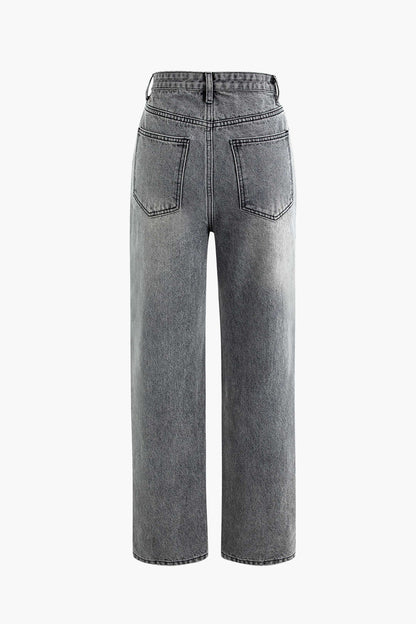 Women’s Denim Jeans with Offset Button Closure and Straight Fit
