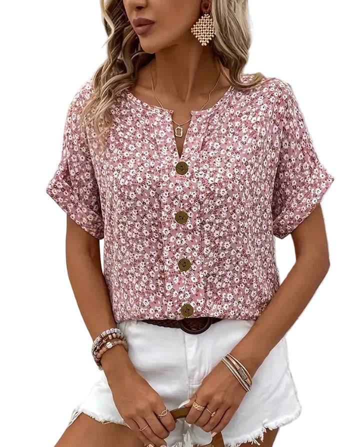 Women’s Floral Print Top with Short Sleeves and Button Closure