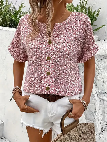 Women’s Floral Print Top with Short Sleeves and Button Closure