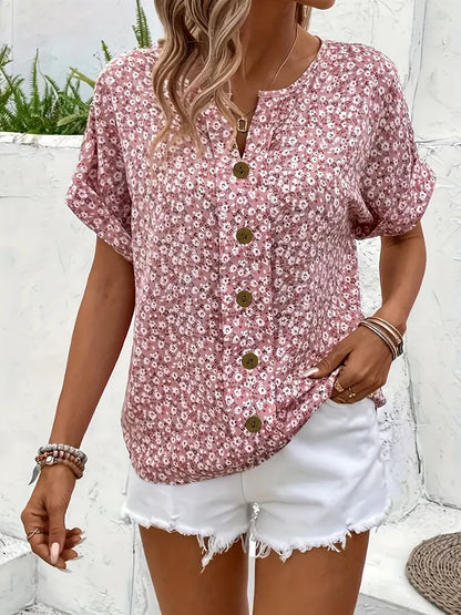 Women’s Floral Print Top with Short Sleeves and Button Closure