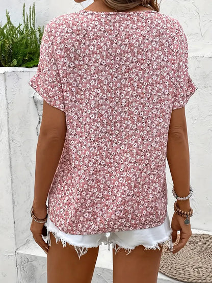 Women’s Floral Print Top with Short Sleeves and Button Closure
