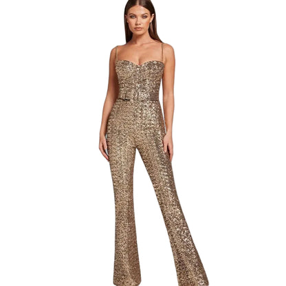 Women’s Full Length Sequin Jumpsuit with Slim Upper Fit