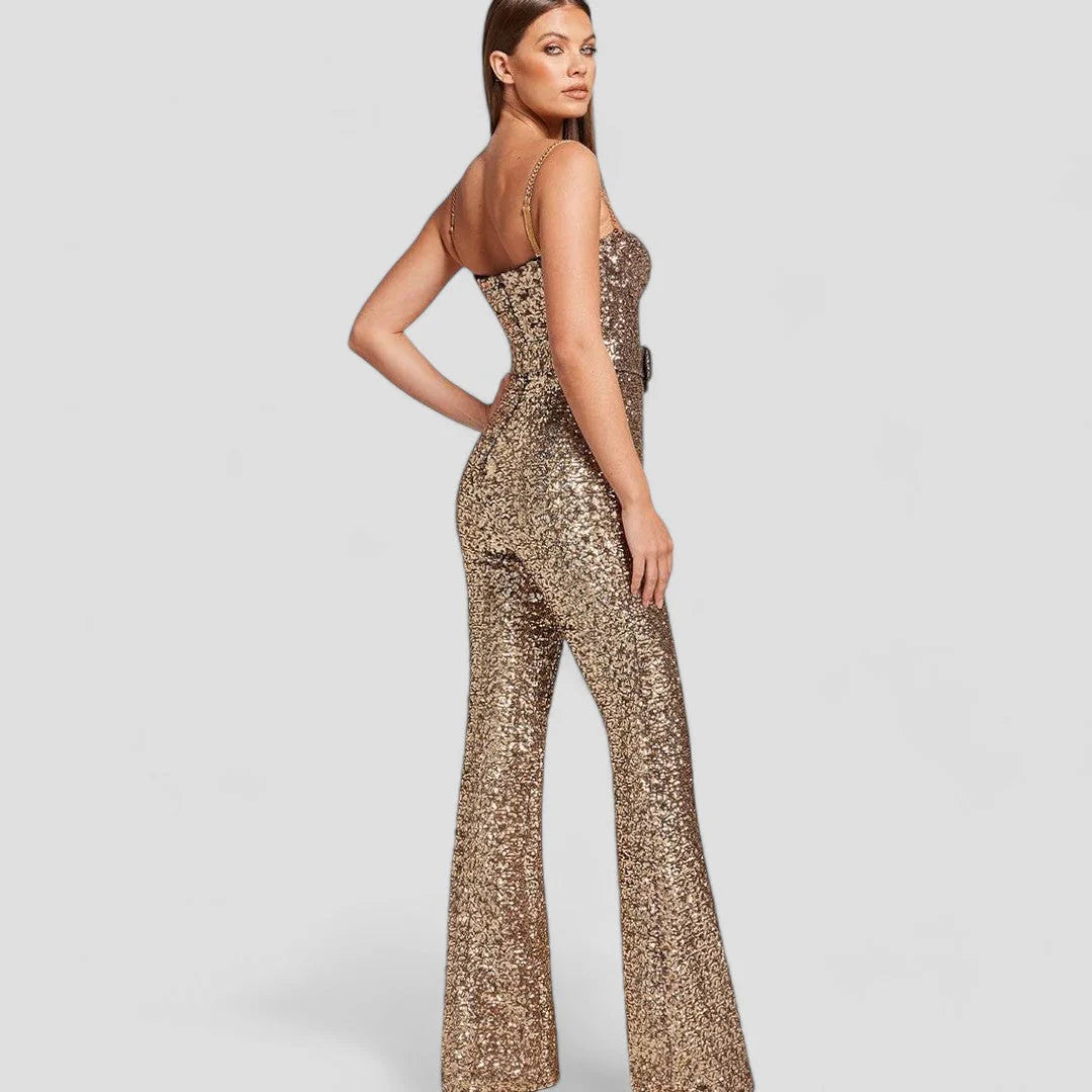 Women’s Full Length Sequin Jumpsuit with Slim Upper Fit