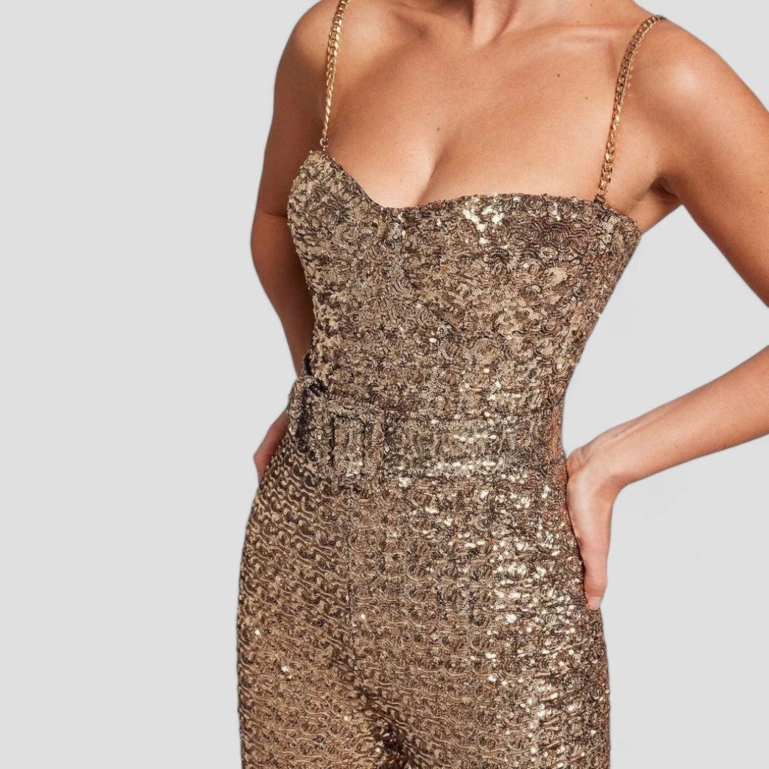 Women’s Full Length Sequin Jumpsuit with Slim Upper Fit