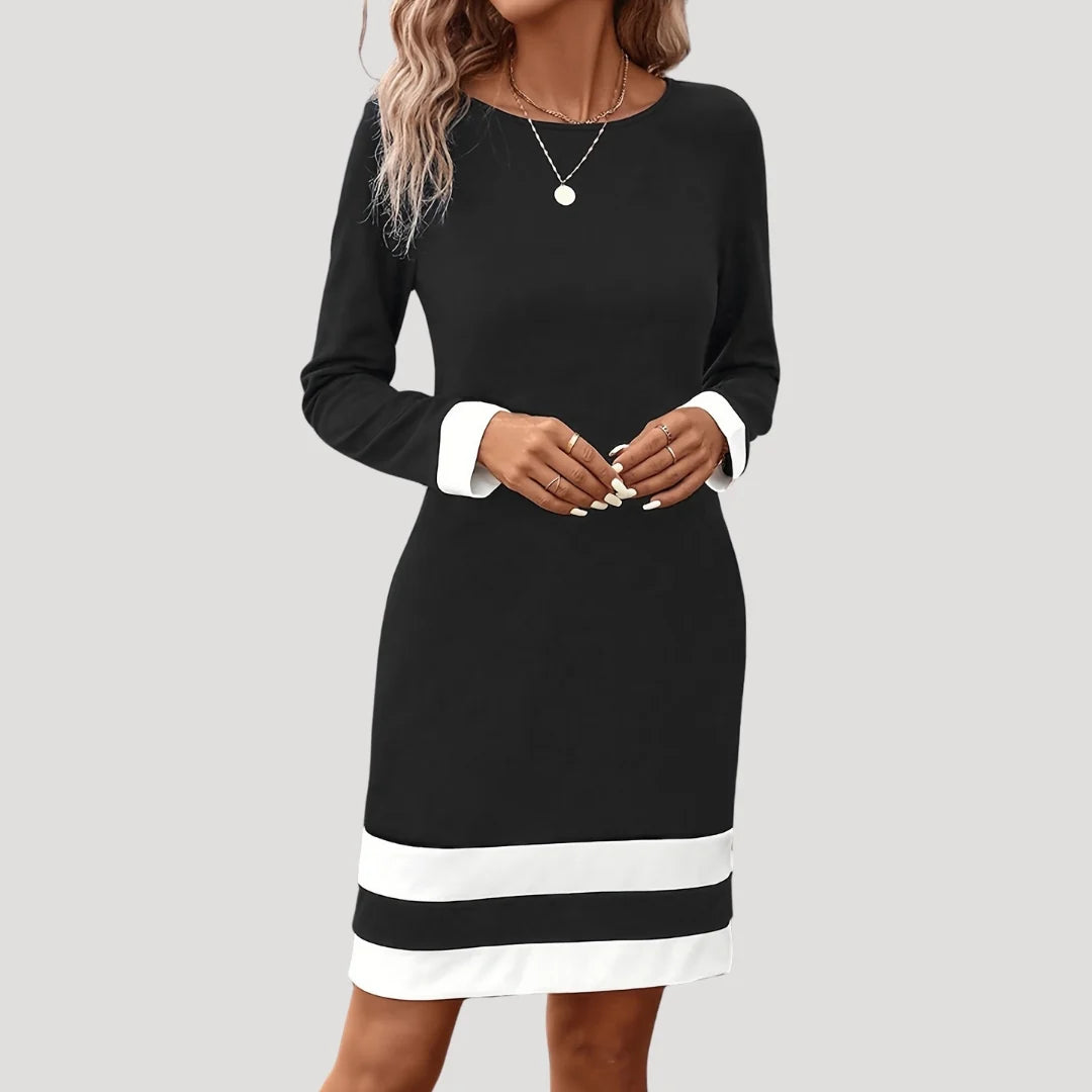 Women’s Knee-Length Midi Dress with Long Sleeves and Two-Tone Trim