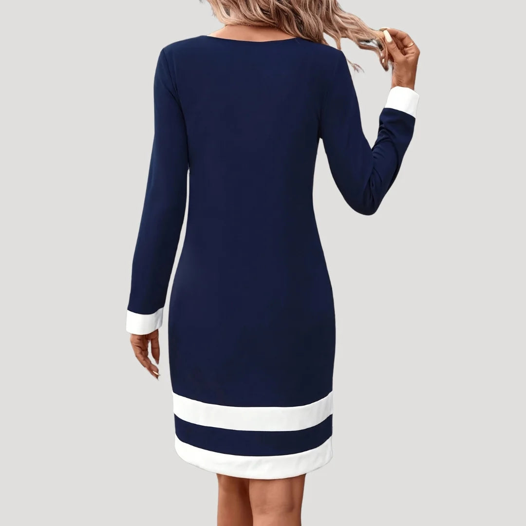 Women’s Knee-Length Midi Dress with Long Sleeves and Two-Tone Trim