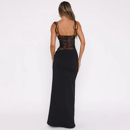 Women’s Lace Waist Maxi Dress with Tie Shoulder Straps
