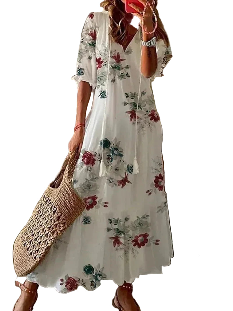 Women’s Lightweight Maxi Dress with Floral Print and V-Neck