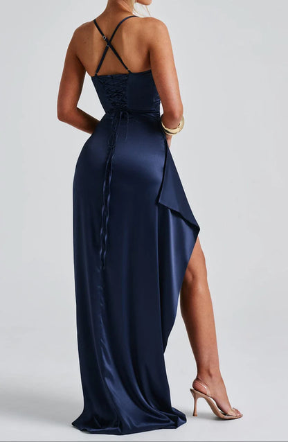 Women’s Long Maxi Dress with Spaghetti Straps and Draped Front with Side Slit