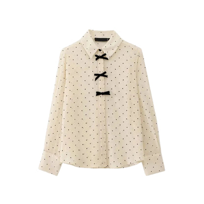 Women’s Long Sleeve Button-Up Top with Collar and Bow Detail