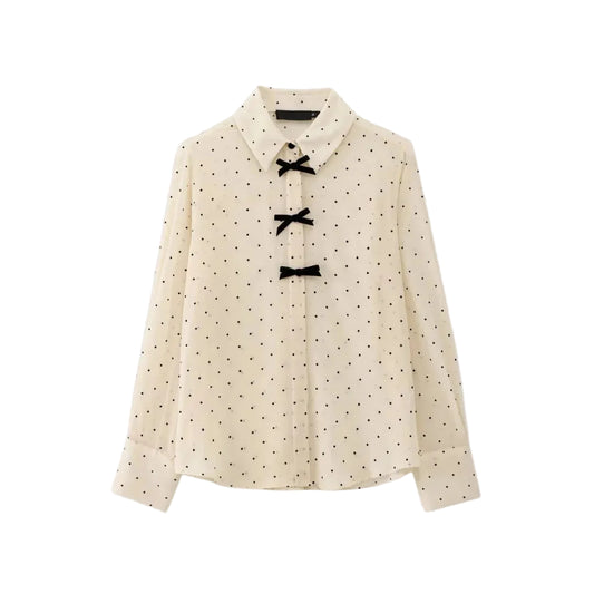 Women’s Long Sleeve Button-Up Top with Collar and Bow Detail