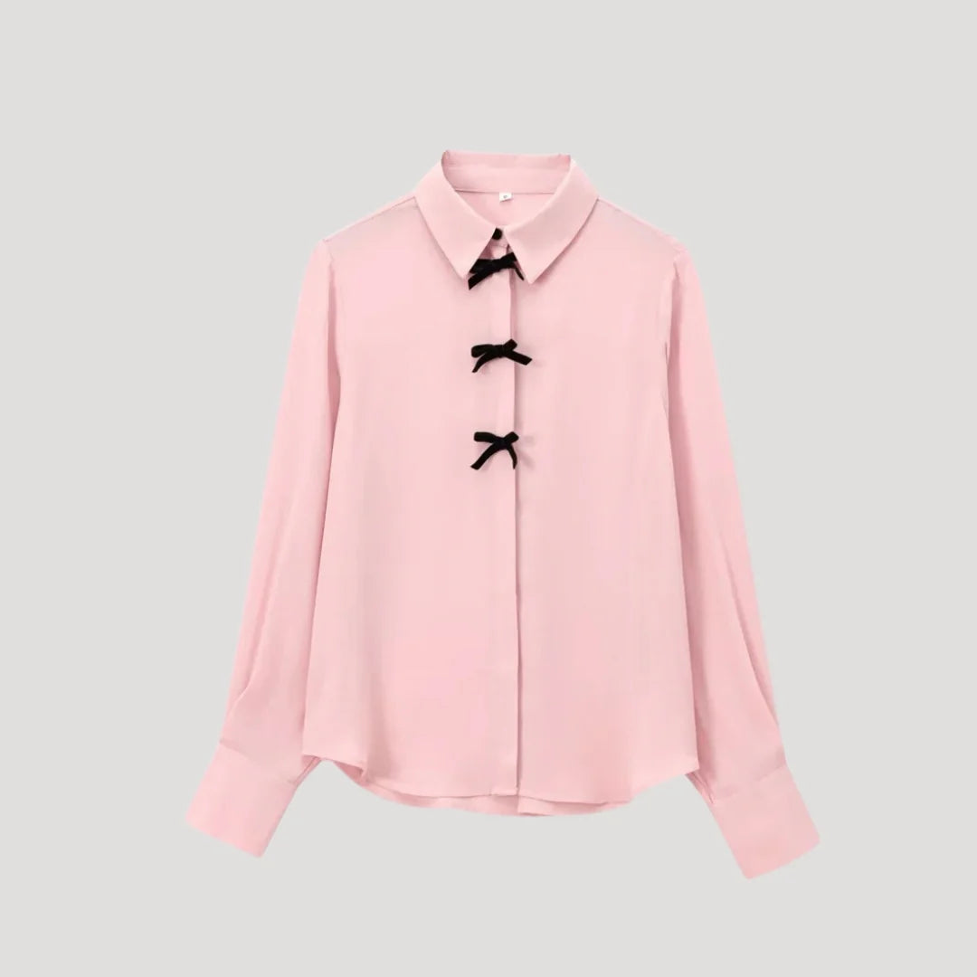 Women’s Long Sleeve Button-Up Top with Collar and Bow Detail