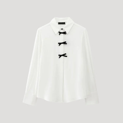 Women’s Long Sleeve Button-Up Top with Collar and Bow Detail