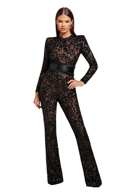 Women’s Long Sleeve Jumpsuit with Sequin Lace Construction