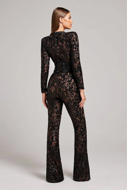 Women’s Long Sleeve Jumpsuit with Sequin Lace Construction