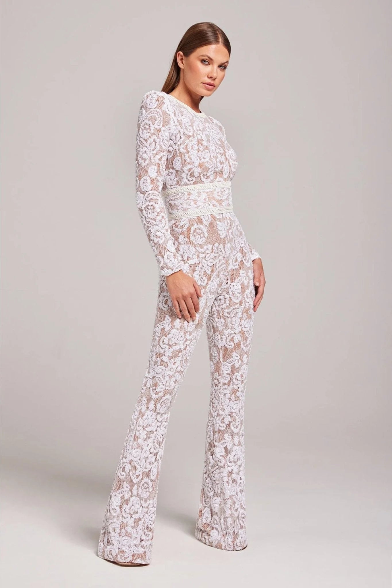 Women’s Long Sleeve Jumpsuit with Sequin Lace Construction