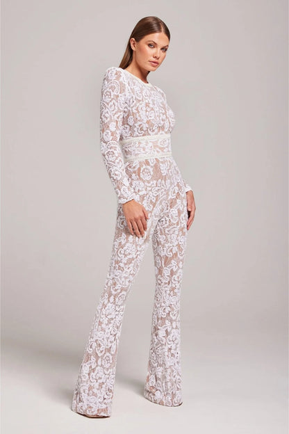 Women’s Long Sleeve Jumpsuit with Sequin Lace Construction