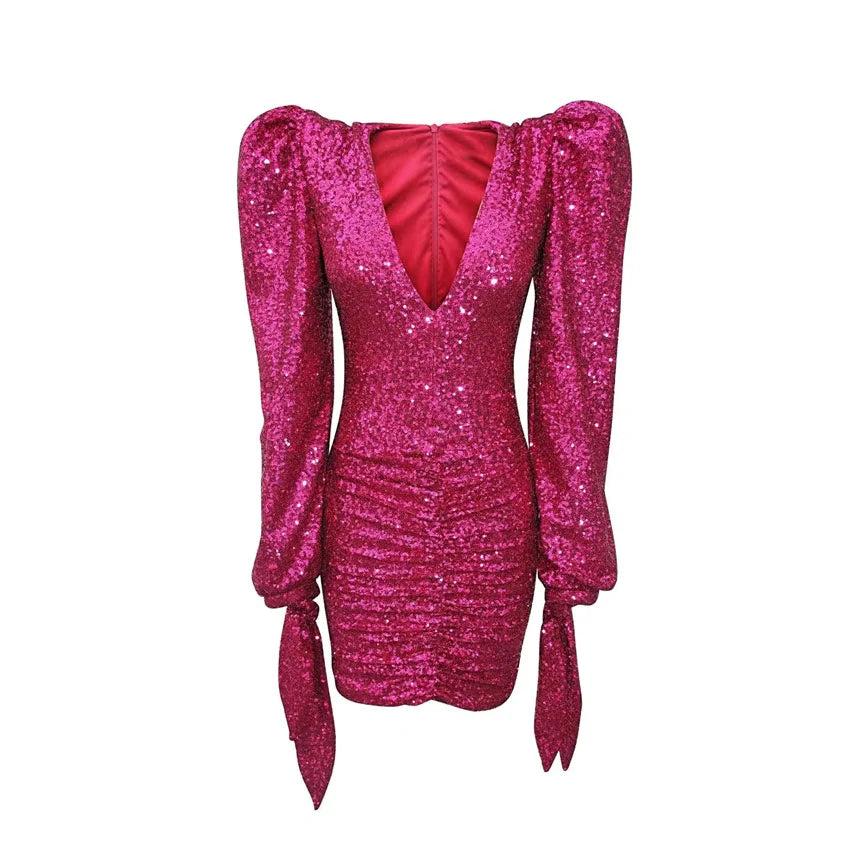 Women’s Long Sleeve Mini Dress with V-Neck and Sequin Surface