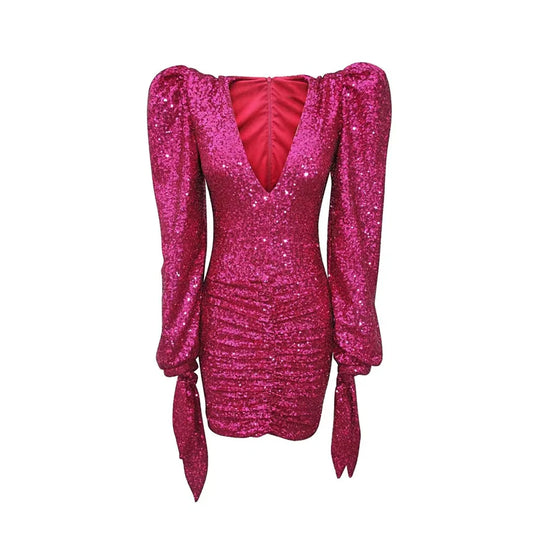 Women’s Long Sleeve Mini Dress with V-Neck and Sequin Surface