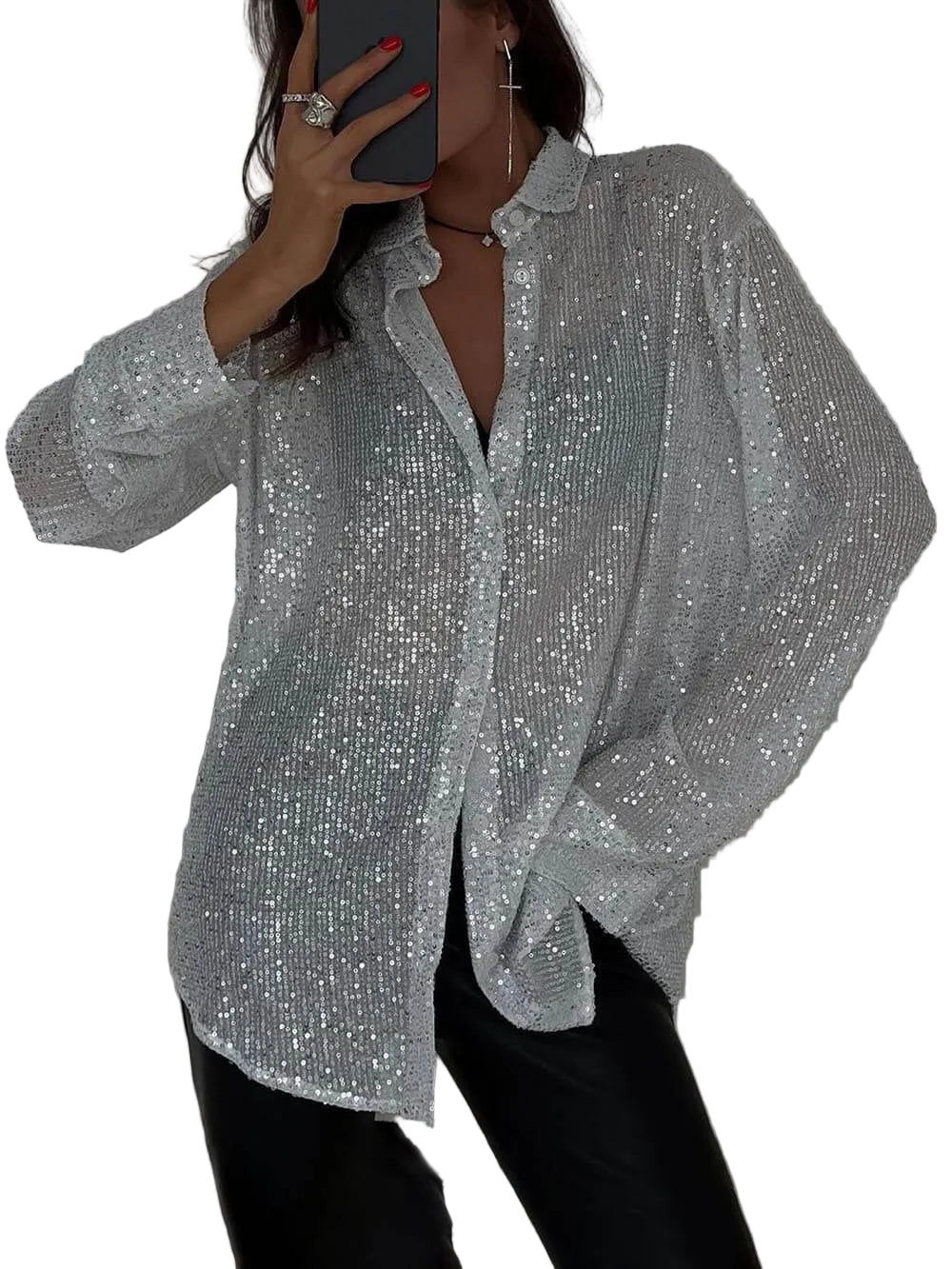 Women’s Long Sleeve Sequin Button Front Top