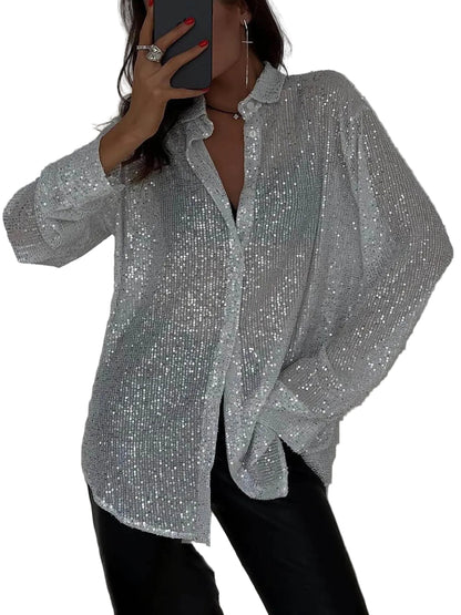 Women’s Long Sleeve Sequin Button Front Top